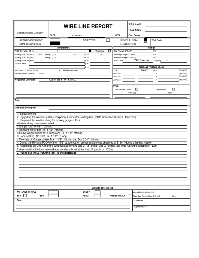 Wireline Operation Report Summary | PDF