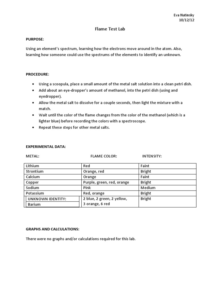 Flame test and emission spectra lab answer key
