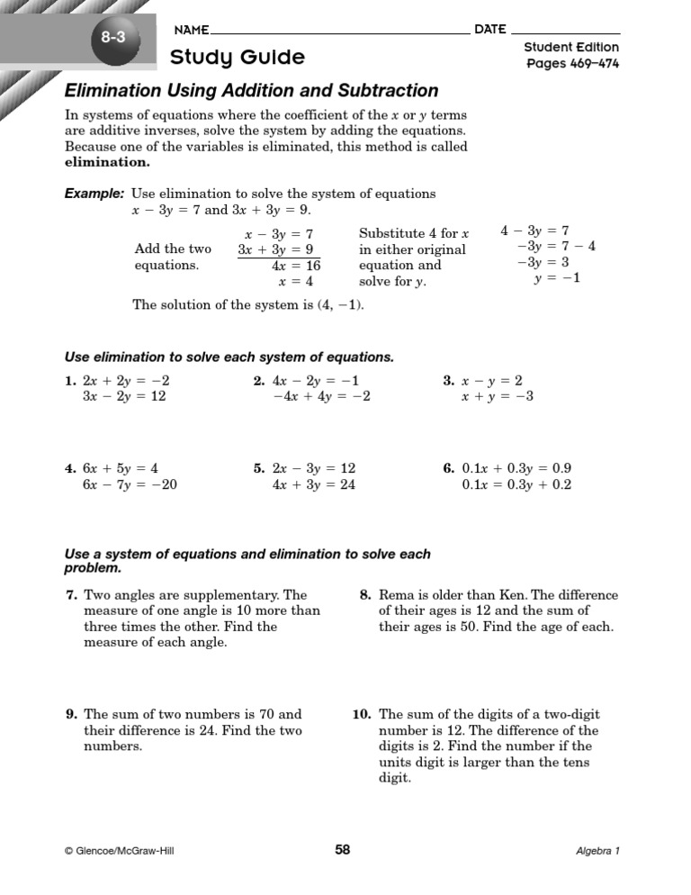 Alg 8 3 Study Guide Pdf Subtraction Equations