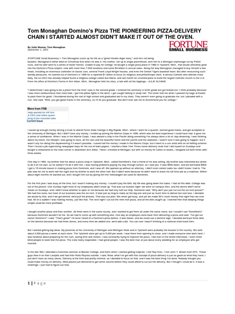 Tom Monaghan Domino | PDF | Domino's Pizza | Restaurant And Catering