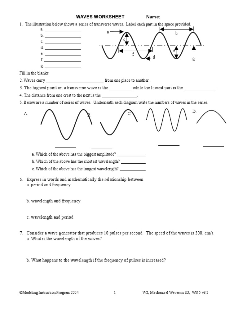Waves And Sound Worksheet Answer Key Middle School Wave Worksheet 