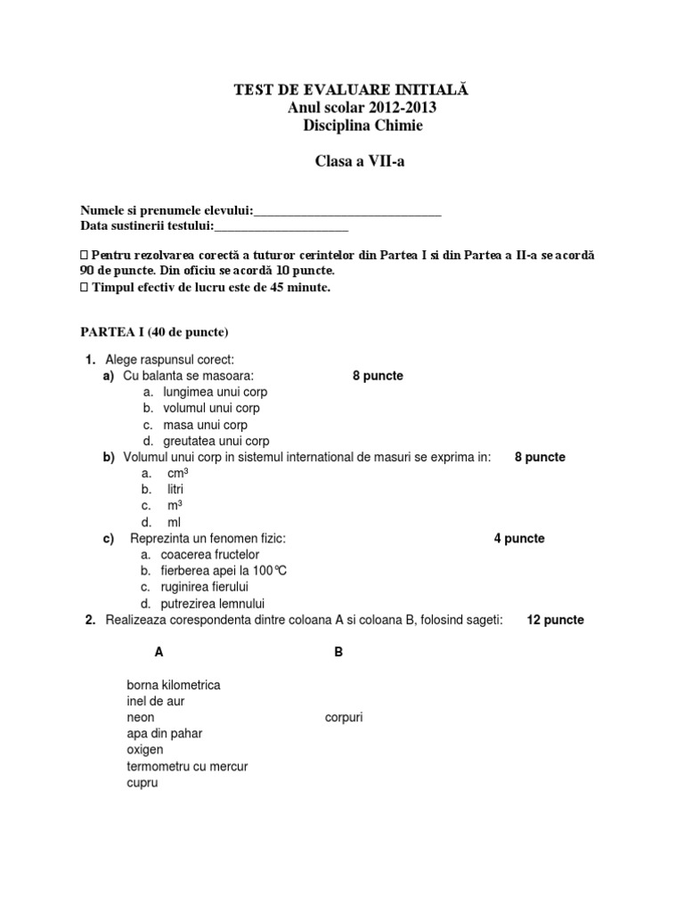 TEST DE EVALUARE INITIALĂ Chimie7 | PDF