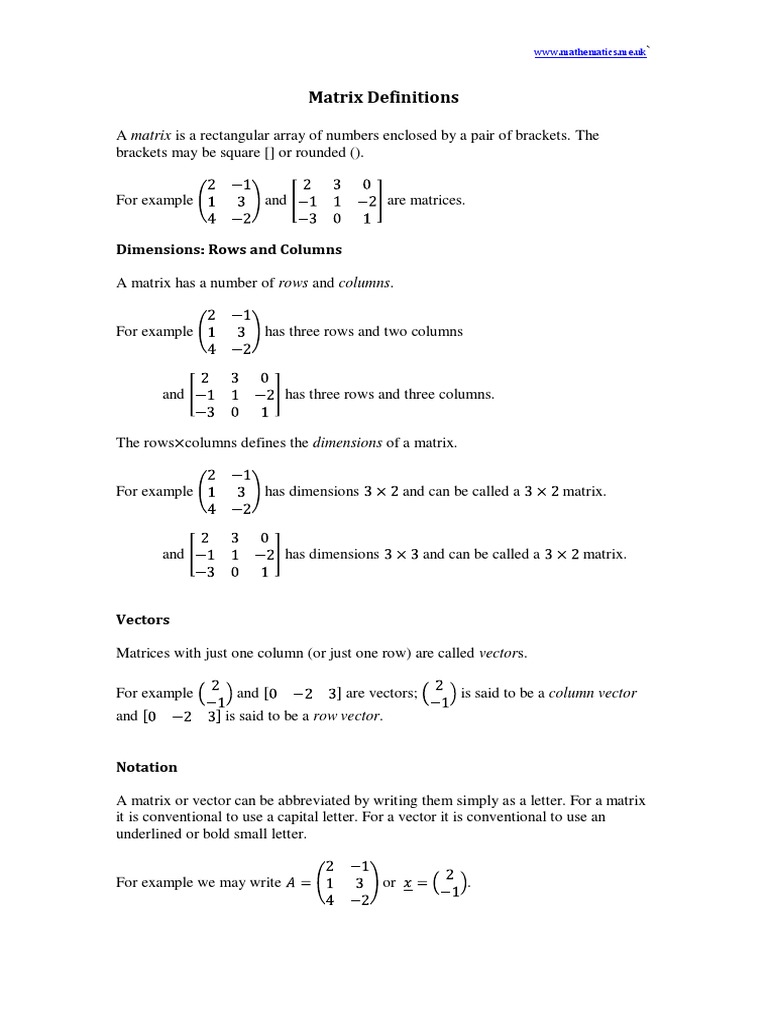 Matrix Definitions: Dimensions: Rows and Columns | PDF