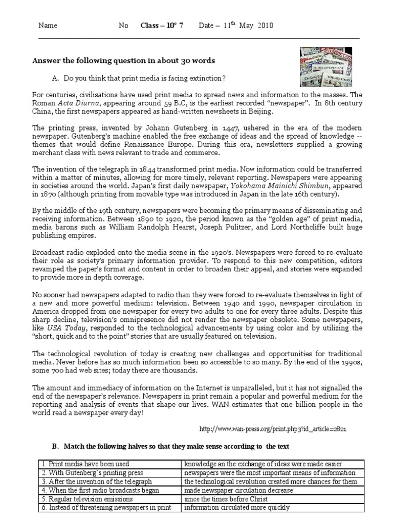 Print Media Test - 10 TH Grade | PDF | Newspapers | Mass Media