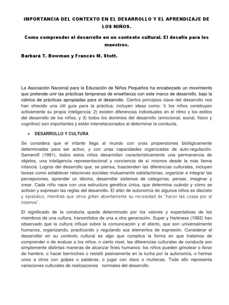 Importancia Del Contexto en El Desarrollo y El Aprendizaje de Los Niños ...