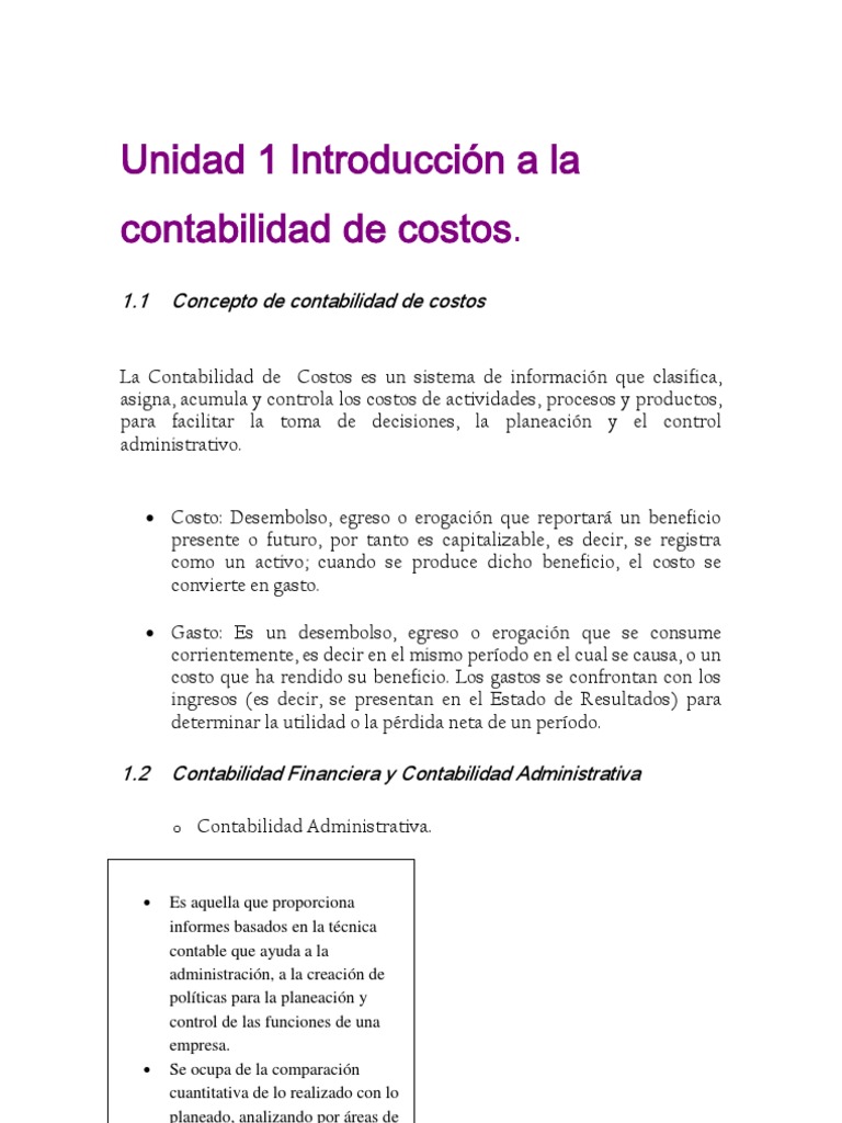 Unidad 1 Introducción A La Contabilidad de Costos | PDF | Costo ...