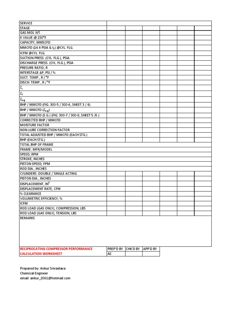 Reciprocating Compressor Performance Worksheeet USC | PDF