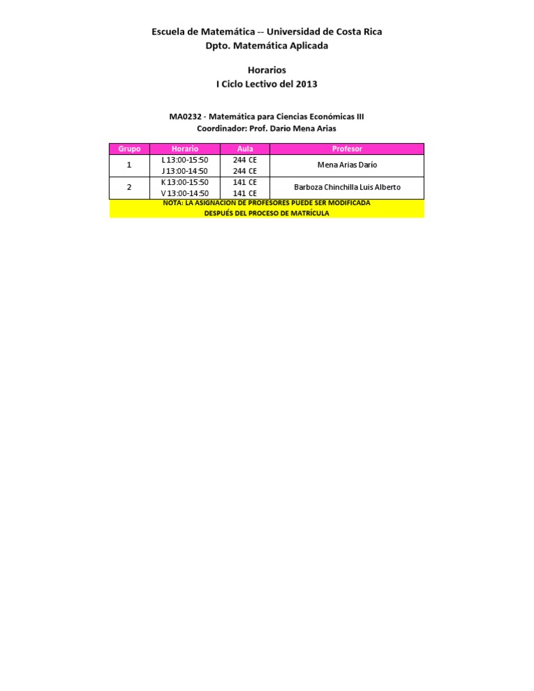 Horarios Matemática UCR 2013 | PDF
