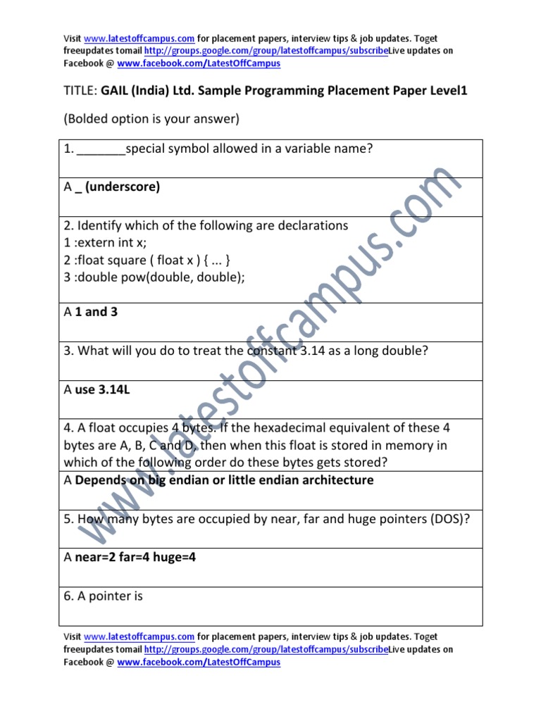 GAIL Programming Placement Paper | PDF | C (Programming Language ...