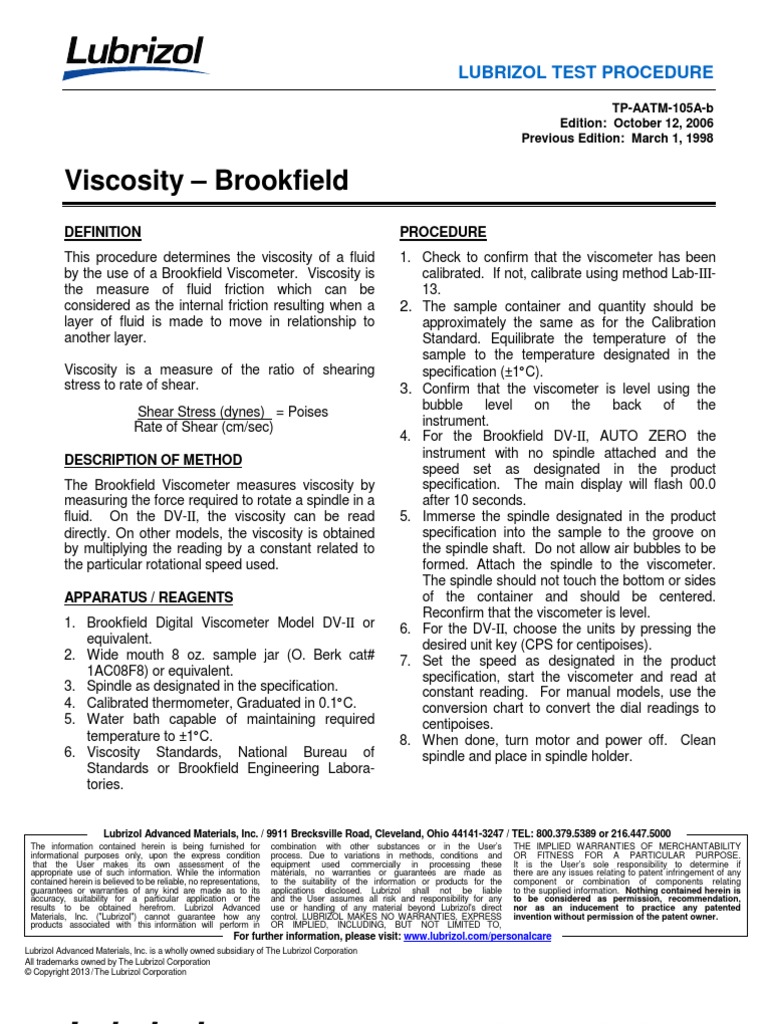 Brookfield Viscoty 2 | Download Free PDF | Viscosity | Calibration
