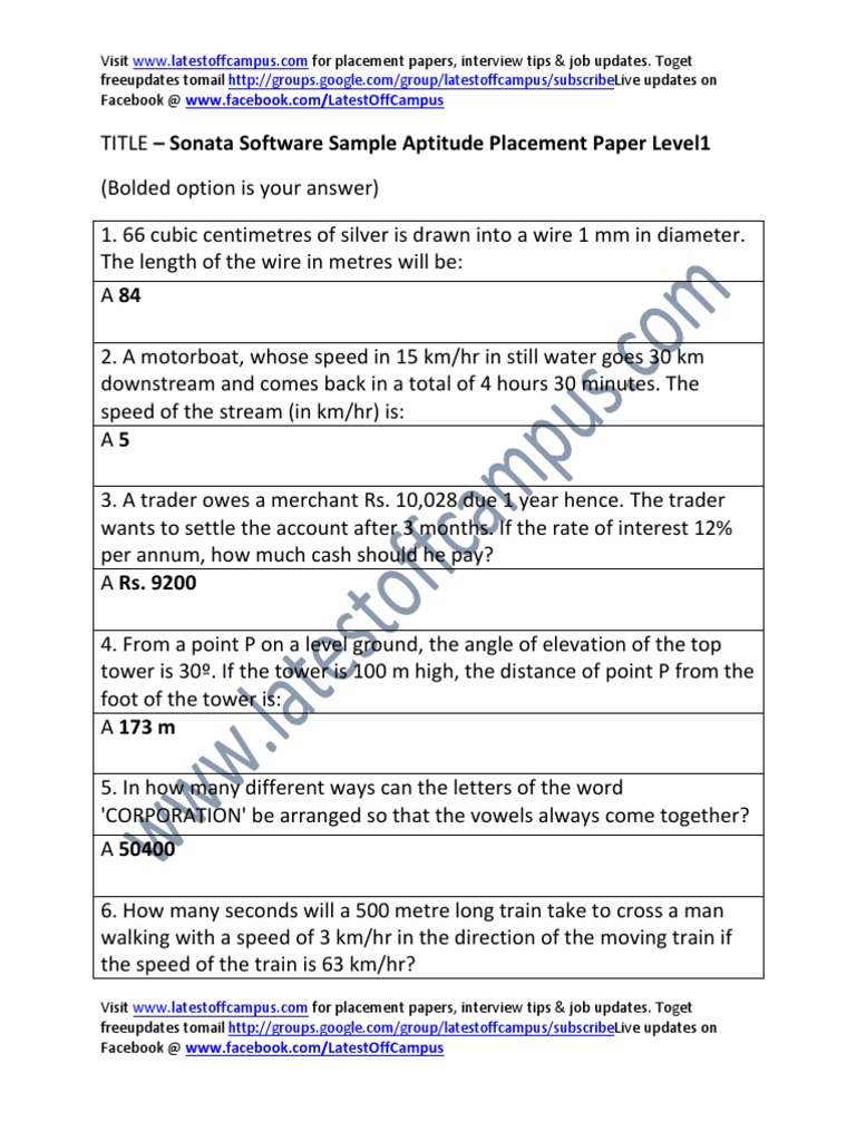 Sonata Software Sample Aptitude Placement Paper Level1 | PDF | Business ...