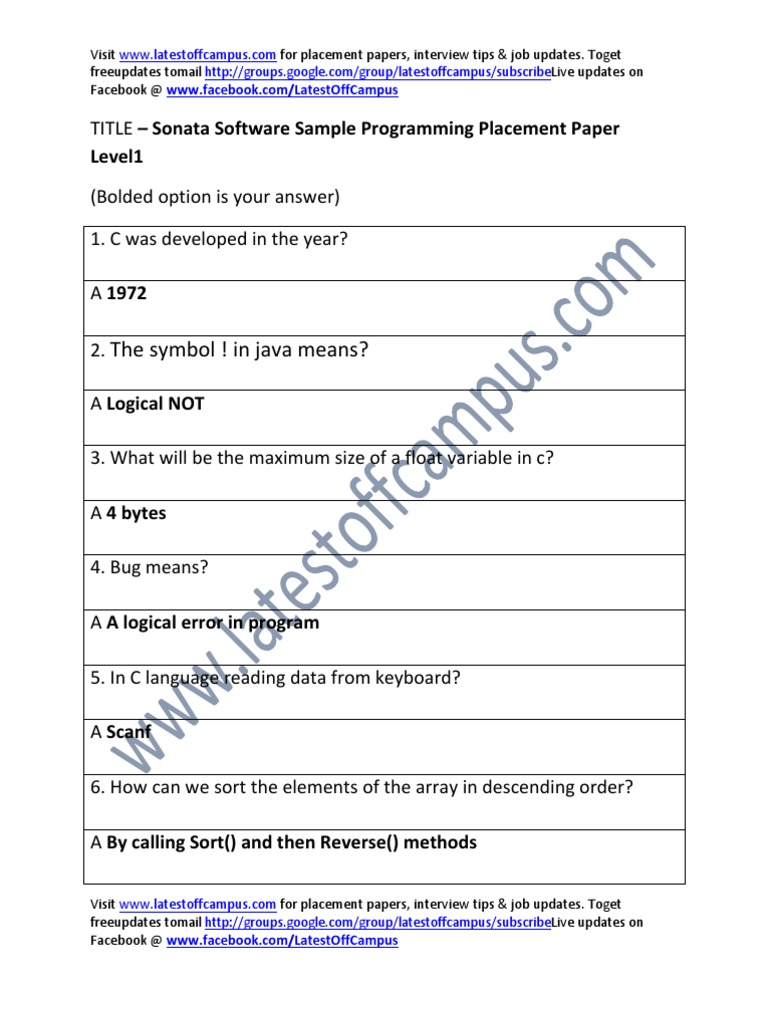 Sonata Software Sample Programming Placement Paper Level1 | PDF | C++ ...