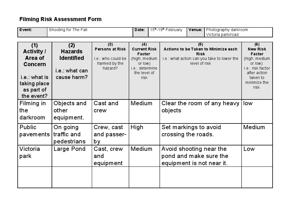 Filming Risk Assessment Template | PDF | Risk Assessment | Risk