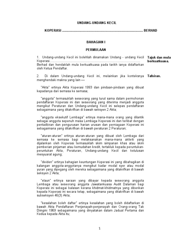 Format Undang Undang Kecil Koperasi Malaysia