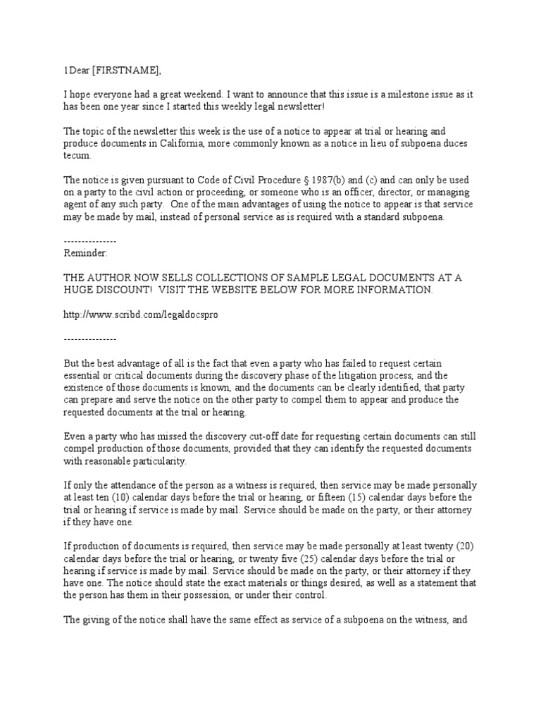 California Notice to Appear at Trial or Hearing Subpoena Duces Tecum