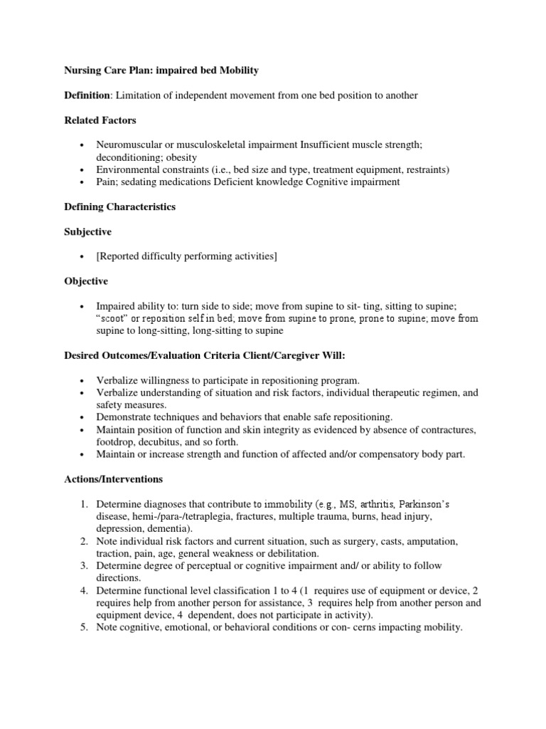 Nursing Care Plan for Impaired Mobility | PDF | Caregiver | Physical ...