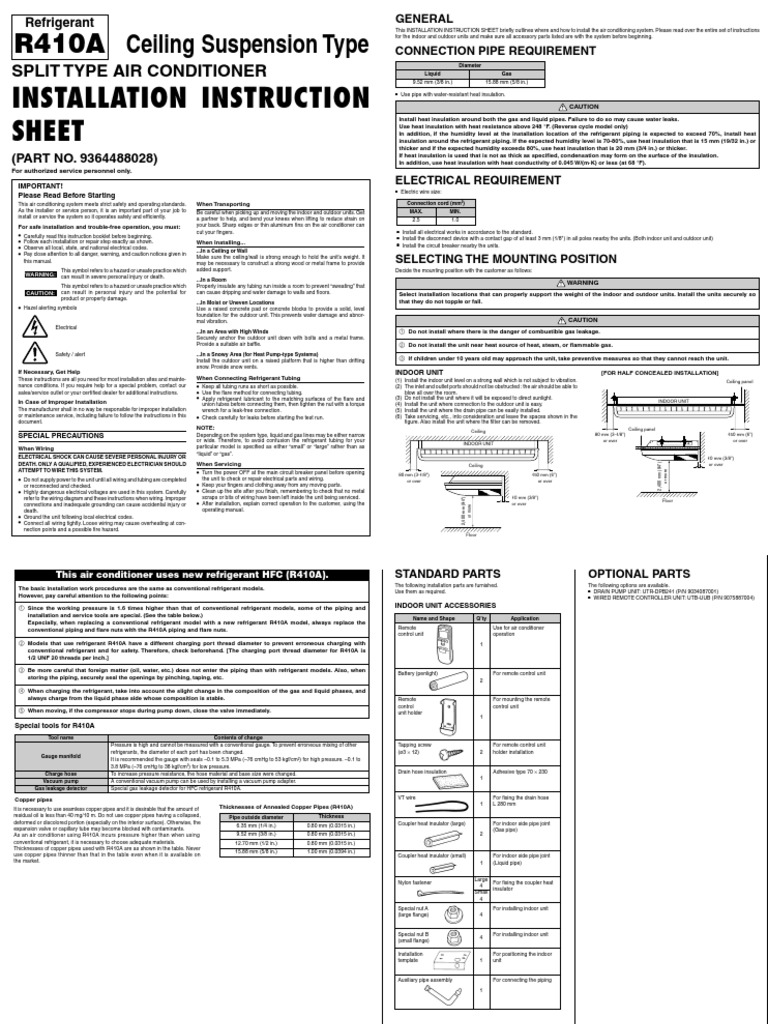Installation Instruction Sheet: Split Type Air Conditioner | PDF ...
