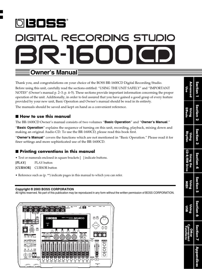 Boss BR-1600CD Owners Manual | Compact Disc | Computer Data Storage