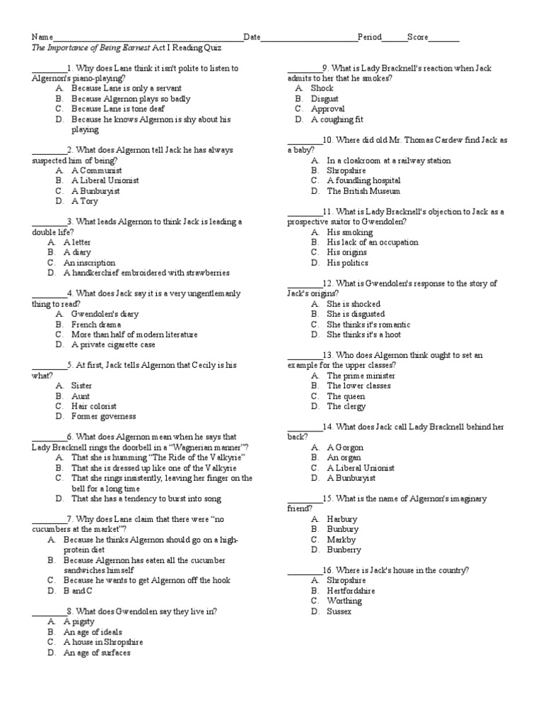 The Importance of Being Earnest Act I Reading Quiz | PDF | The