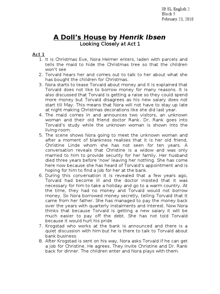 Act 1 Doll's House Notes PDF A Doll's House