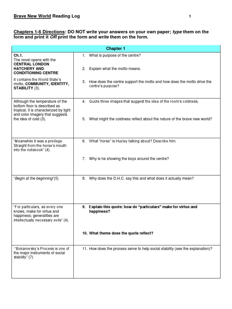 Brave New World Reading Log: Chapters 1-6 | PDF | Science ...