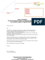 Letter of Invitation For The 9 European Congress of Chemical Engineering and 2nd European Congress of Applied Biotechnology