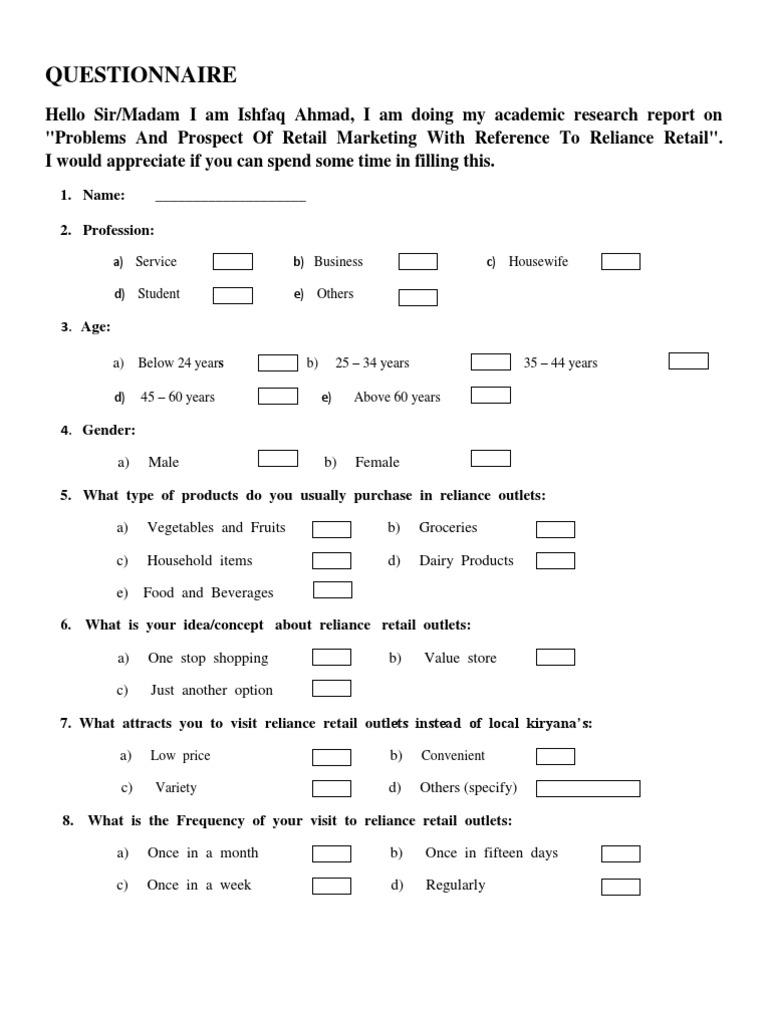 Questionnaire On Problems and Prospect of Retail Marketing in India ...