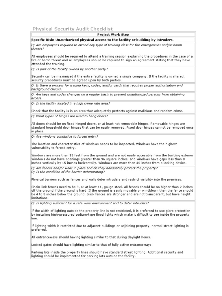 Physical Security Audit Checklist Guide | PDF | Technology & Engineering