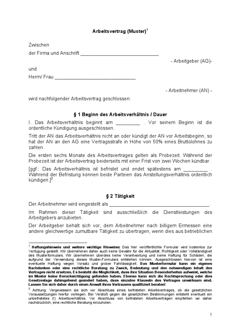 Muster Arbeitsvertrag | Labor Relations | Employment