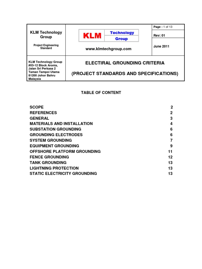 Project Standards and Specifications Electrial Grounding Criteria Rev01 ...