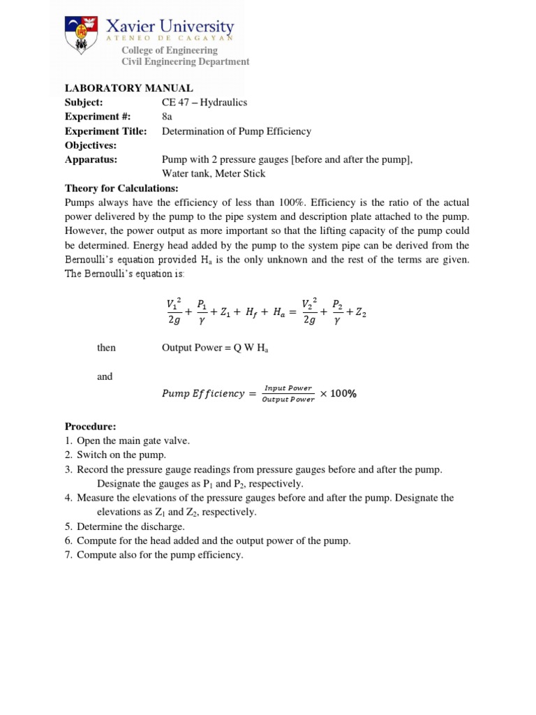 Pump Efficiency Determination Lab Manual | PDF