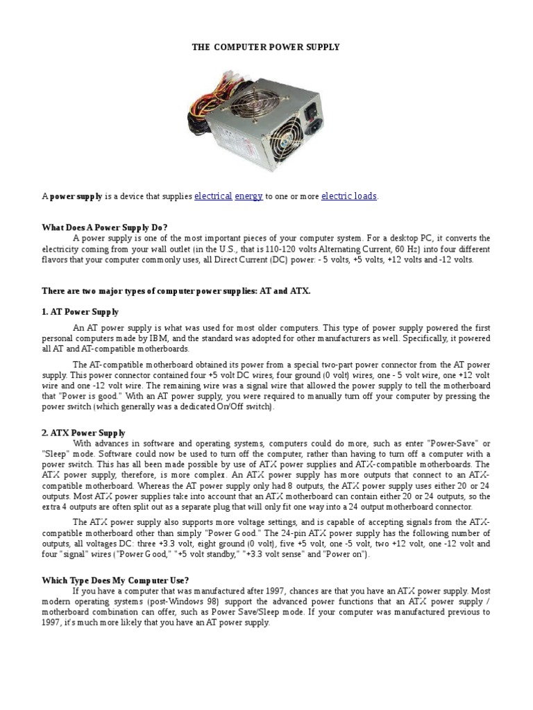 Electrical Energy Electric Loads The Computer Power Supply PDF