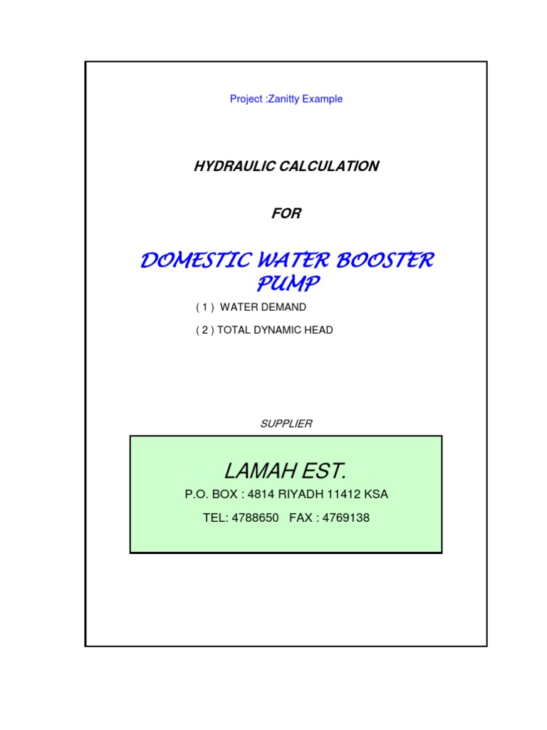 Domestic Water Booster Pump Calculations PDF Pipe (Fluid Conveyance