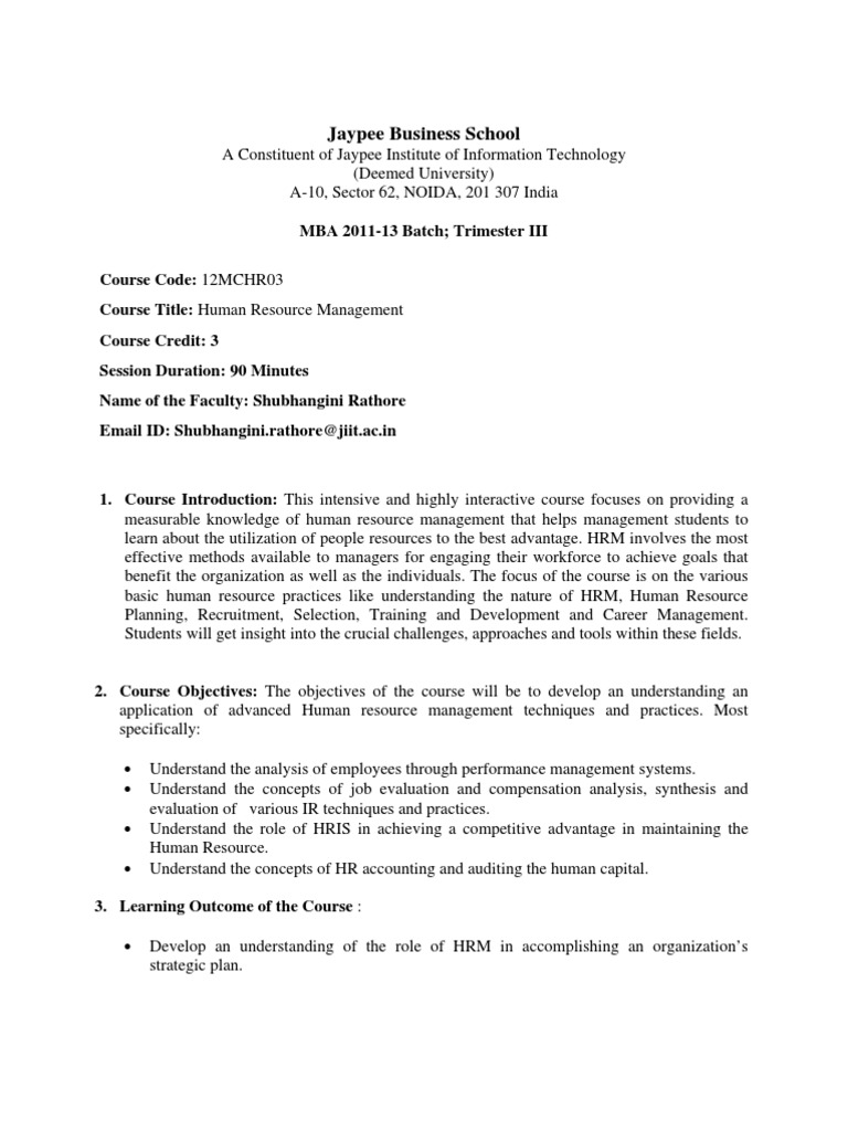 Human Resource Management Course Outline | PDF | Human Resource ...