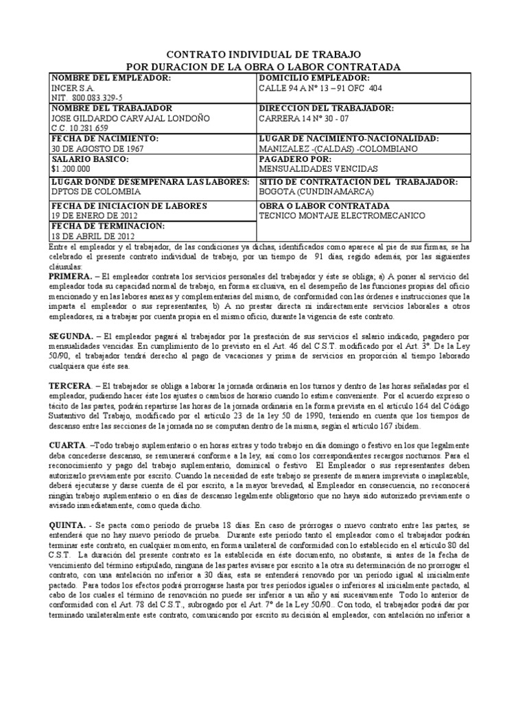 Modelo Contrato Obra o Labor Con Bono | PDF | Derecho laboral | Salario