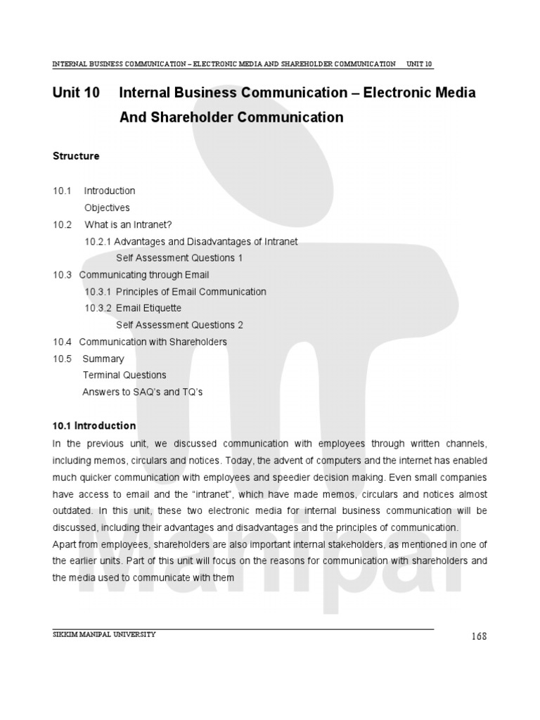 Unit 10 Internal Business Communication Electronic Media and Shareholder Communication