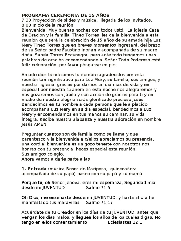 PROGRAMA CEREMONIA DE 15 AÑOS Oración Biblia