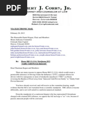 Rob Corry Letter About Driving Under the Influence of Drugs Bill