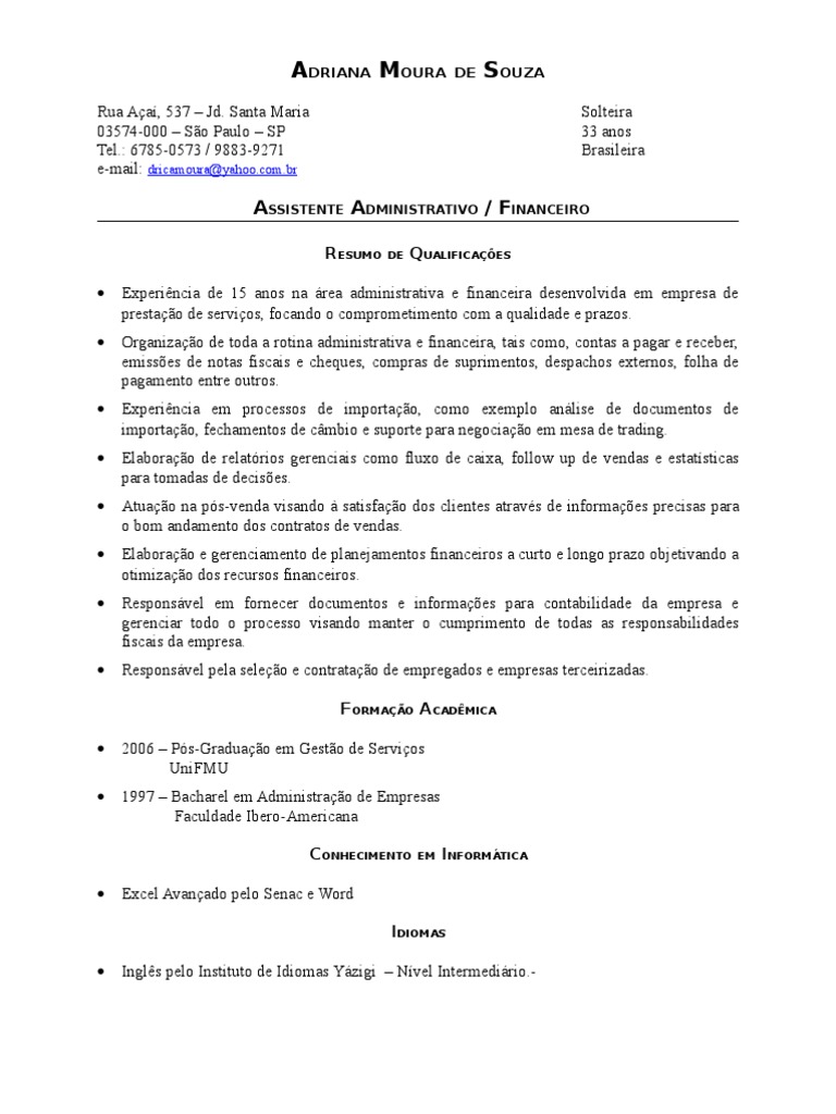 Modelos De Curriculos Na Area Administrativa - Vários Modelos