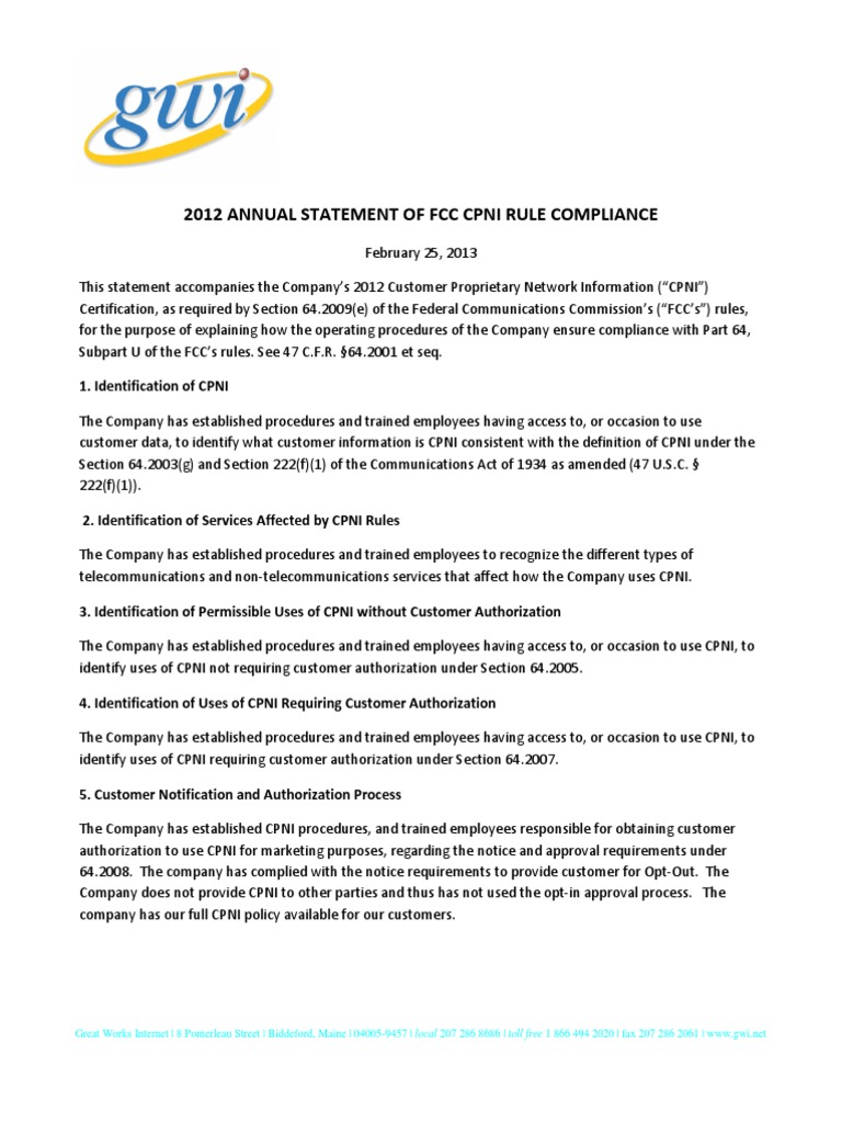 2012 Annual Statement of CPNI Compliance PDF Federal Communications