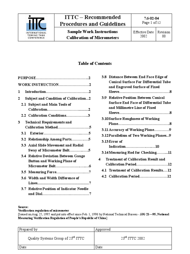 Calibration of Micrometers Work Instructions PDF Calibration