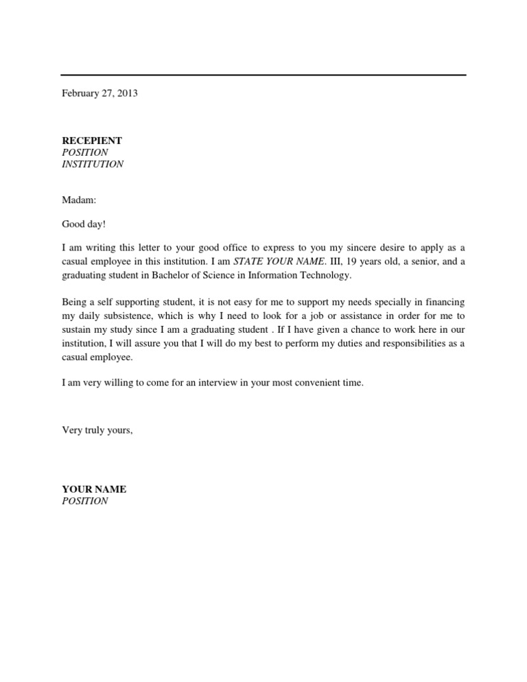 Application Letter For Applying As A Casual Employee Pdf Labour Business