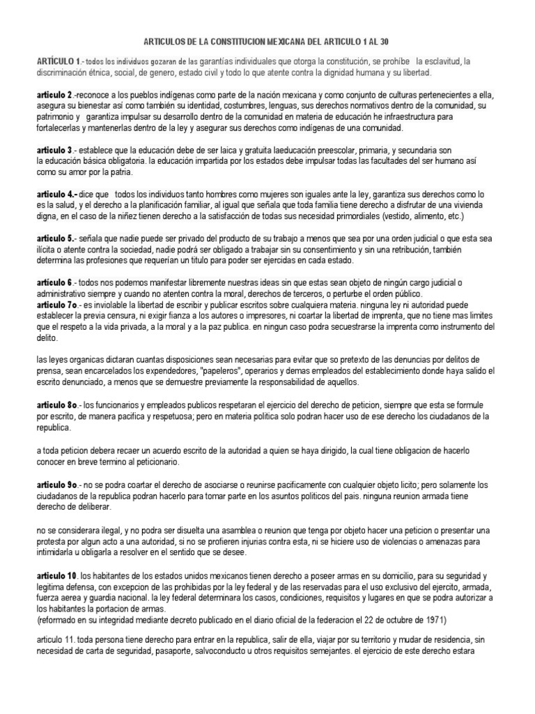 Articulos De La Constitucion Mexicana Del Articulo 1 Al 30 Derecho Penal Mandato