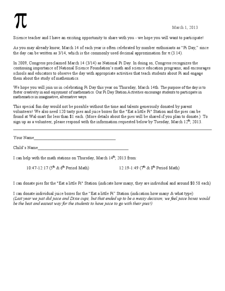 Pi Day Letter to Parents