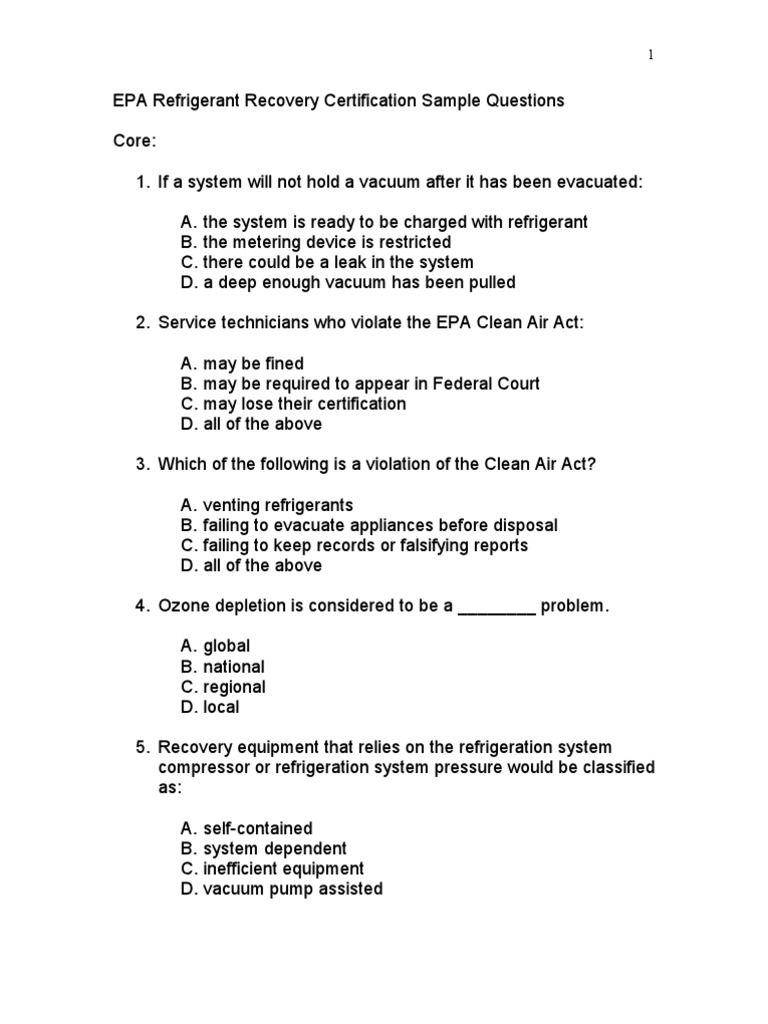 EPA Refrigerant Recovery Certification Sample Questions Download Free