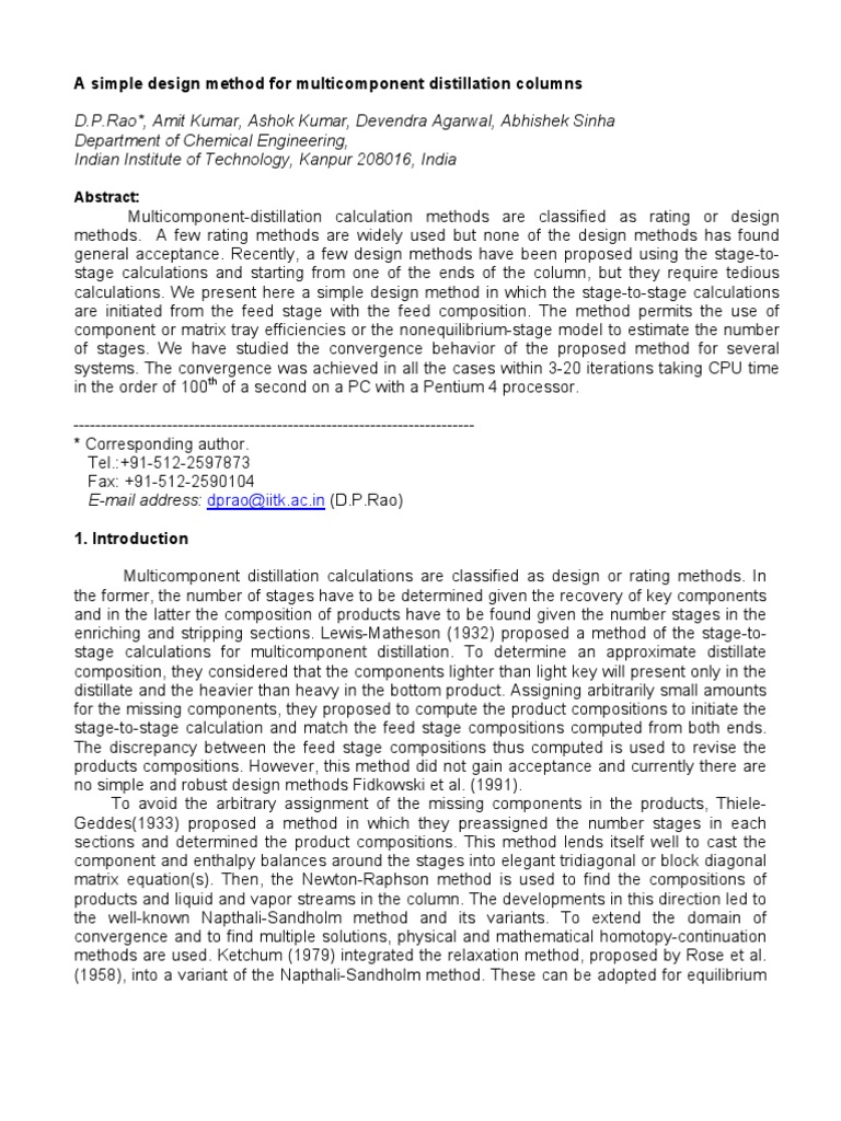 A Simple Design Method For Multicomponent Distillation Columns