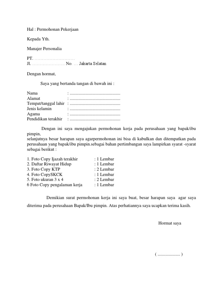 Contoh Surat Lamaran Kerja Docx