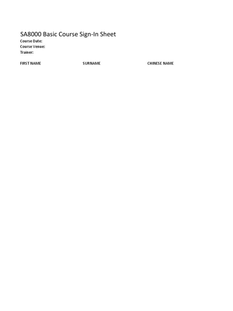 SA8000 Course Sign-In Sheet | PDF
