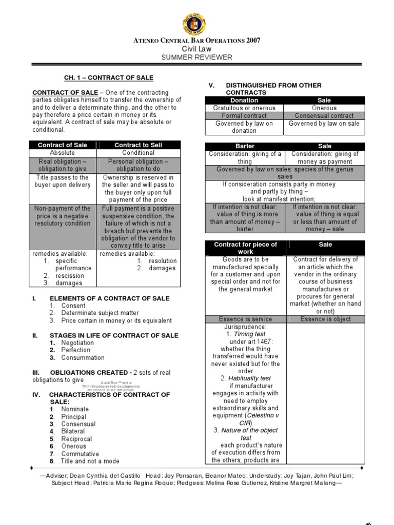 Ateneo Sales Reviewer 2007 | PDF | Offer And Acceptance | Contract Law