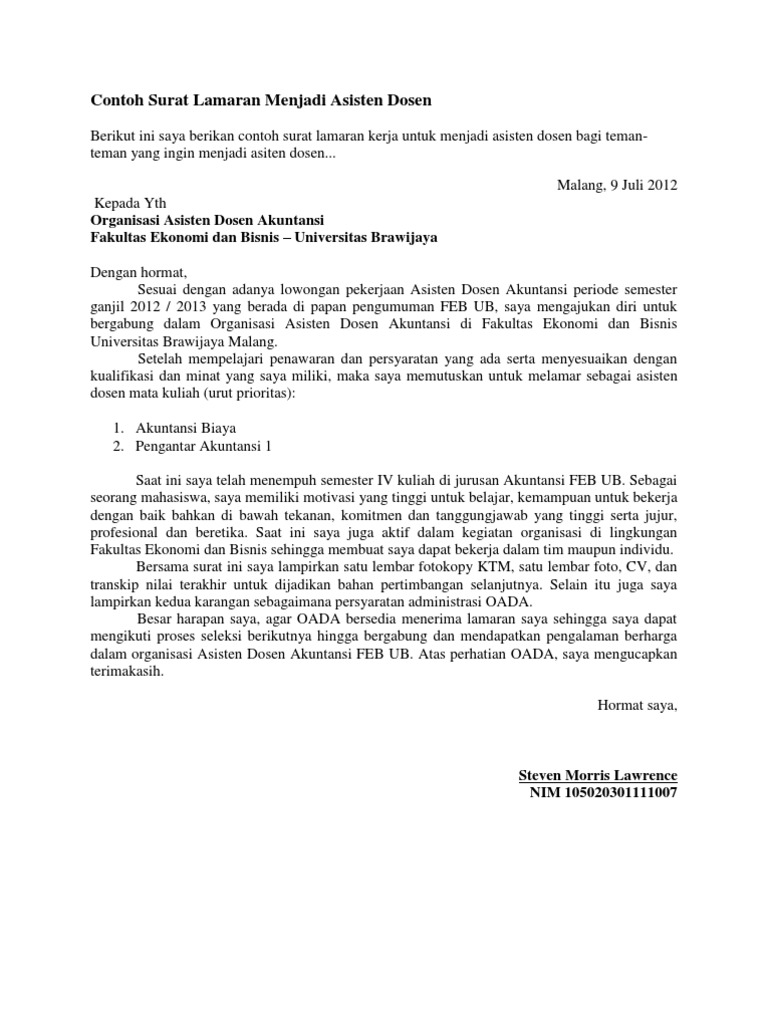 Contoh Surat Lamaran Menjadi Asisten Dosen